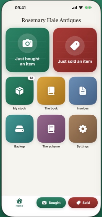 The Antiques Ledger home screen: Just bought an item, Just sold an item, My stock, The book, Invoices, Backup
