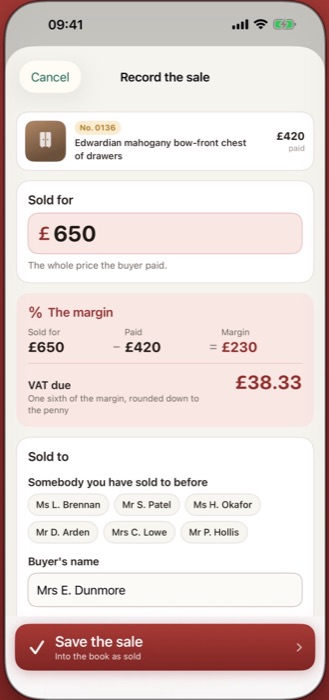 The sale sheet: the selling price typed in, with the margin and the VAT due worked out underneath