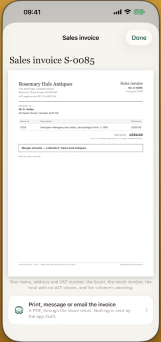 A sales invoice on screen, showing the dealer's details, the item and the margin scheme wording