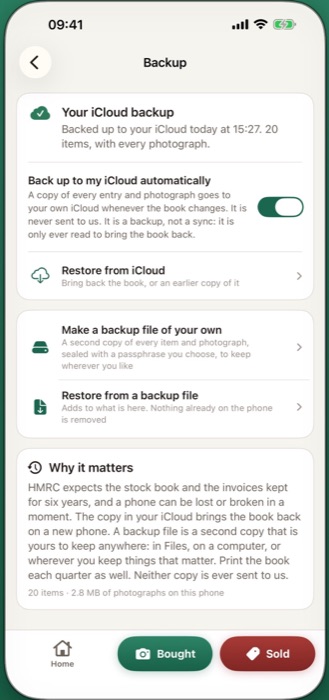 The backup screen, showing the automatic copy kept in the dealer's own iCloud